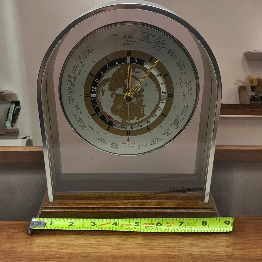 Vintage Verichron Quartz Modernist World Clock Mantle Shelf Table Brushed Chrome